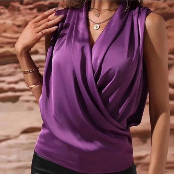 Luxe Satin Overlap Sleeveless Work Office Top Burgundy - Picture 10 of 12